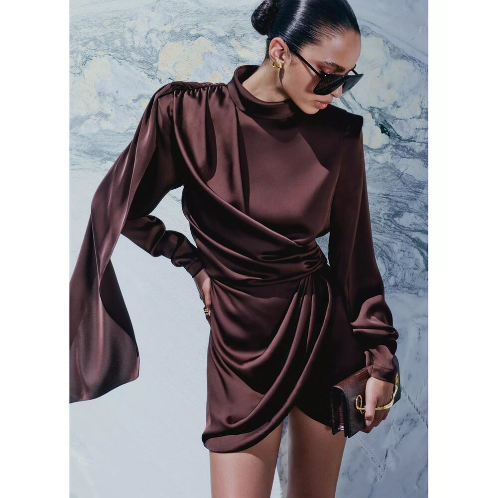 NWT Ronny Kobo Bianca Dress Chocolate Brown Draped High Neck Mini Dress - Size M - Picture 1 of 13